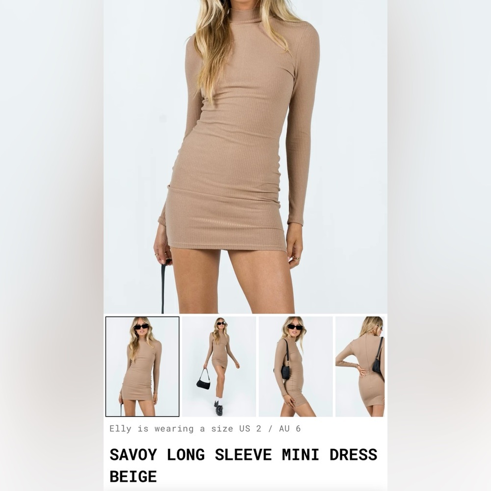 NWT | Princess Polly Savoy Long Sleeve Mini Dress Beige Size 8